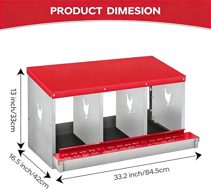 Nesting Boxes for Chickens, 3 Compartments, Nesting Boxes with 4 Dummy Eggs and 10 Dampproof Pets Mats, Red, Stainless Steel, Wall-Mountable & Roll Away Design