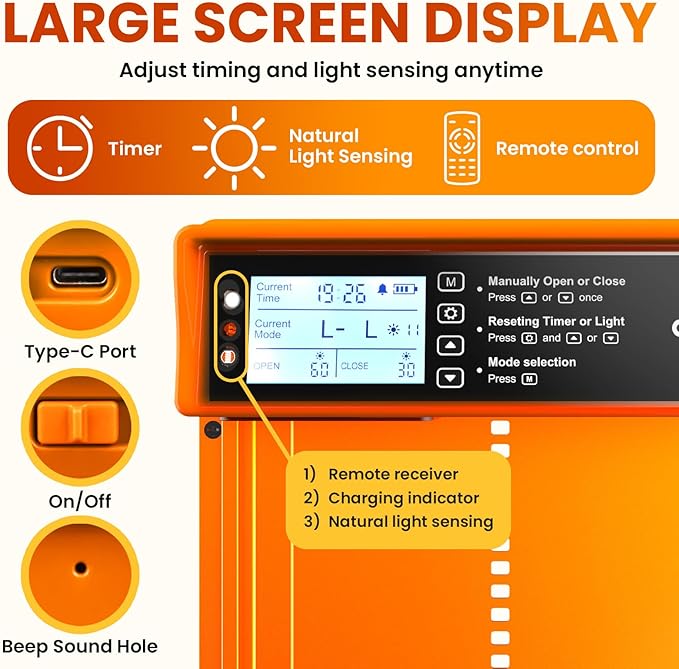 Okkobi Automatic Chicken Coop Door Solar Powered - LCD Display - Chicken Coop Door with Remote Control, Light Sensor & Timer - Anti-Pinch Function - 5-Year Protection - Autumn Ember