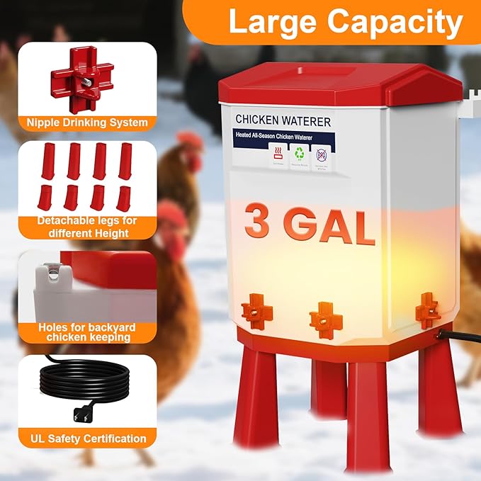 Heated Chicken Waterer 3 Gallon, Chicken Water Heater for Winter, Freeze Proof Chicken Waterer, 4 Nipples for Clean Water，Detachable Legs, Adjustable Height for Chickens, Pigeons, Beaked Poultry