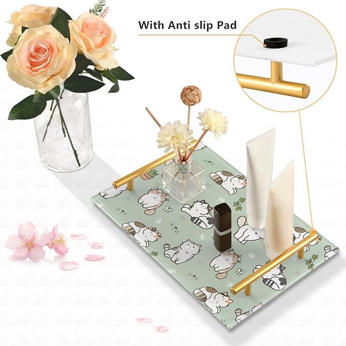 Bathroom Vanity Tray Counter Organizer, Cartoon Cats Green Decorative Tray with Handles Countertop Storage for Bathroom Bedroom Kitchen Home Farmhouse