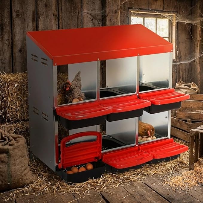 Chicken Nesting Boxes for Chickens, 6 Compartments Metal Roll Away Nest Box for Chicken Coop, Eggs Laying Boxes with Removable Lid, 2 Layer for Chicken Coops, Duck Coops and Hens, Red
