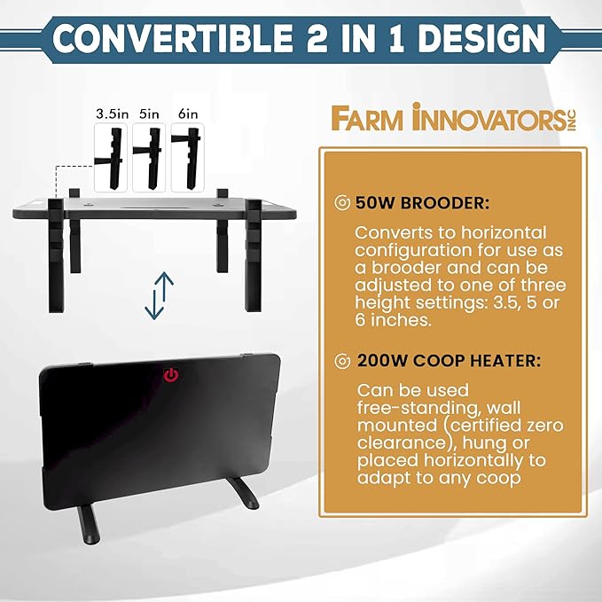 Farm Innovators 2-In-1 Radiant 200-Watt Chicken Coop Panel Heater Converts to 50W Brooder Heater for Chicks, Free Standing or can be Wall Mounted, Hung or Used Horizontally