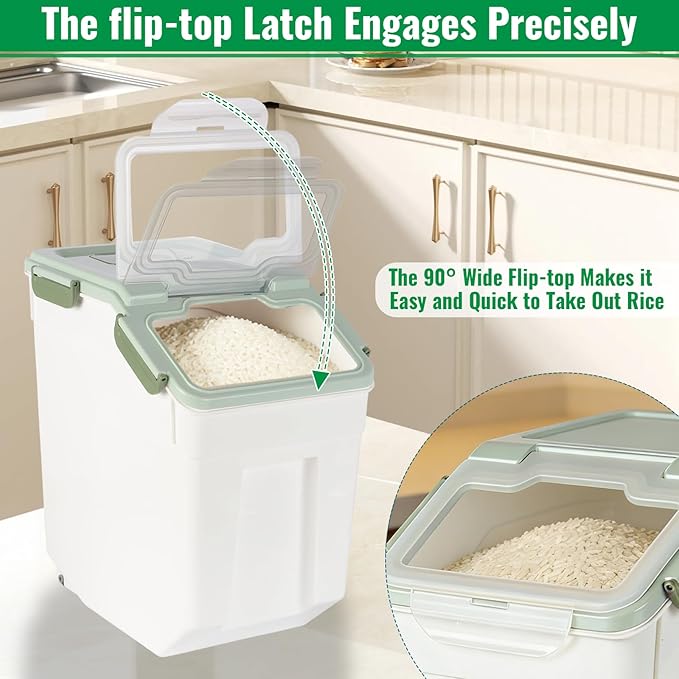 Rice Container 25 lbs Large Bulk Flour Sugar Storage Holdhouse Plastic Grain Cereal Dry Goods Bin with Spoon and Measuring Cup for Kitchen Pantry Organization - Green