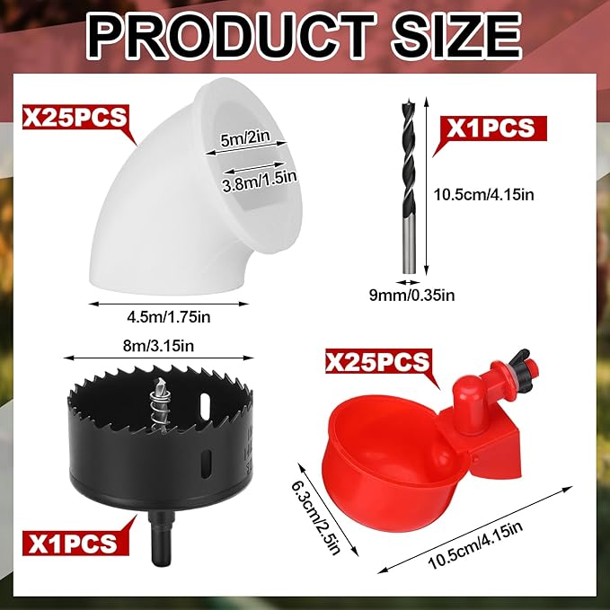 25 Sets Chicken Feeder and Water Cup Kit, Quail & Chick Port Feeder and Automatic Chicken Waterer with Hole Opener, Drill, DIY Waterer for Various Poultry