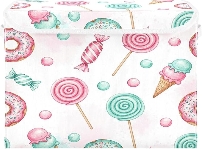 Candy Donuts Lollipops Storage Bins with LidsIce Cream Sweets Foldable Storage Basket with Handles Collapsible Large Fabric Organizer Containers for Clothes Shelves Closet Office Home
