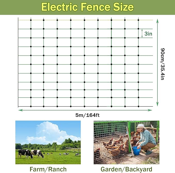Solar Powered Electric Fence, Electric Poultry Netting, Electric Anti-Predator Poultry Fence, with 14 Posts Double Spiked, 35.4" H*164' L, for Ranches, Farms, Backyards