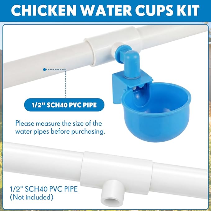 LemonRoad 30 Set Automatic Chicken Waterer Cups with 1/2" PVC Tee Fitting Chicken Drinking Bowl, Poultry Drinker Mounting Hole Opener,Water Dispenser Feeder for Duck, Goose, Turkey, Pigeon(Blue Black)