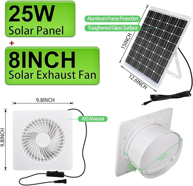 Solar Exhaust Fan, 25W Solar Panel 8'' High Speed with Bracket Solar Powered Fan, 2600 RPM Powerful Solar Fan for Chicken Coop, with an AC to DC Power Adapter for Greenhouse,Shed Attic