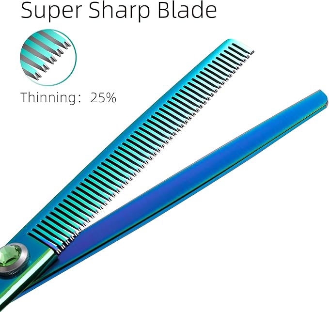 Fenice Peak Green Dog Grooming Scissors Set Straight Thinning Curved and Chunker Shears 4PCS Kit with Simulated Emerald Screw 440C Trimming Shears Durable and Sharp