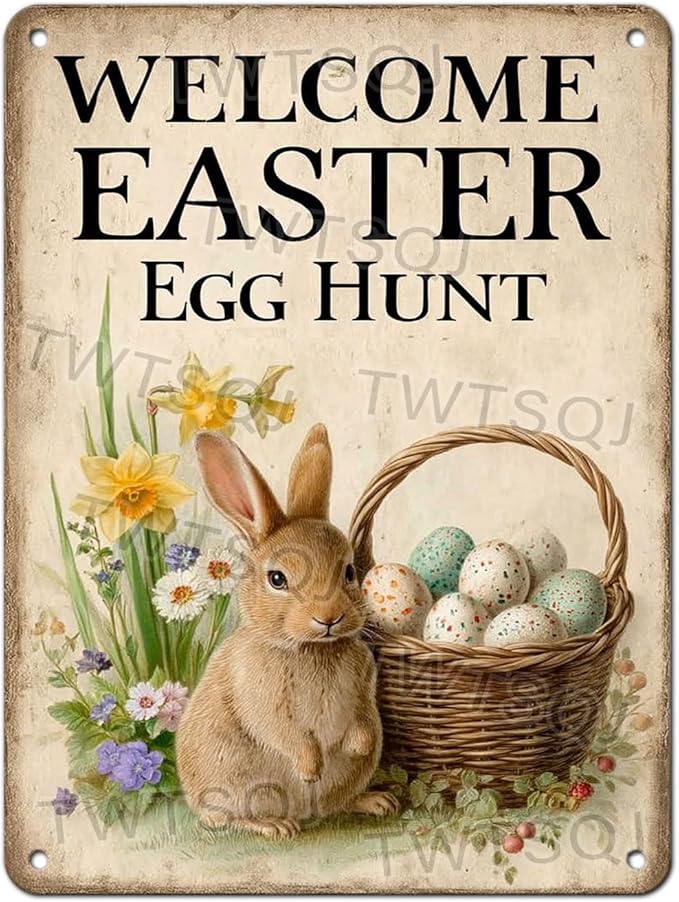 Easter Bunny Vintage Tin Sign Welcome To Our Egg Hunt Metal Sign Suitable For Gardens, Homes, Apartment Walls 12X16Inch