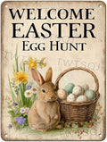 Easter Bunny Vintage Tin Sign Welcome To Our Egg Hunt Metal Sign Suitable For Gardens, Homes, Apartment Walls 12X16Inch