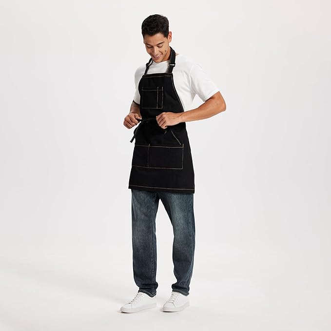 Chef Apron for Men Women with Large Pockets, Adjustable Denim Apron for Cooking, Baking, Gardening