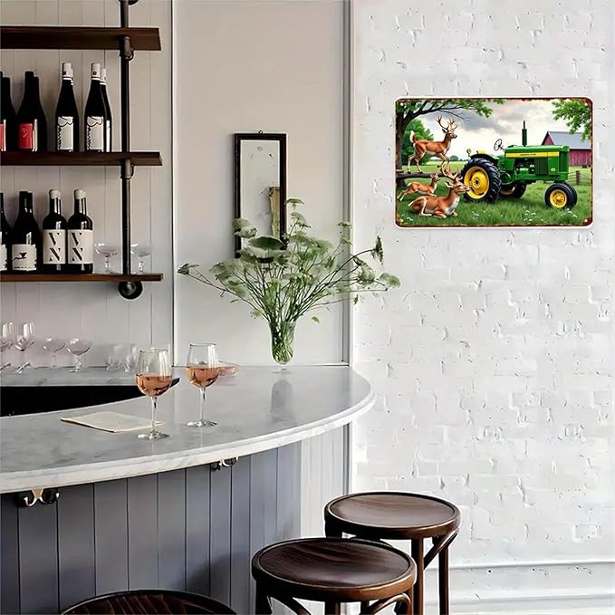Deer Tractor Farmhouse Tin Sign Vintage Deer And Tractor Metal Sign Print Aesthetic for Garden Yard Bar Porch Home Bedroom Kitchen Wall Decor Gift 8 X 12 in