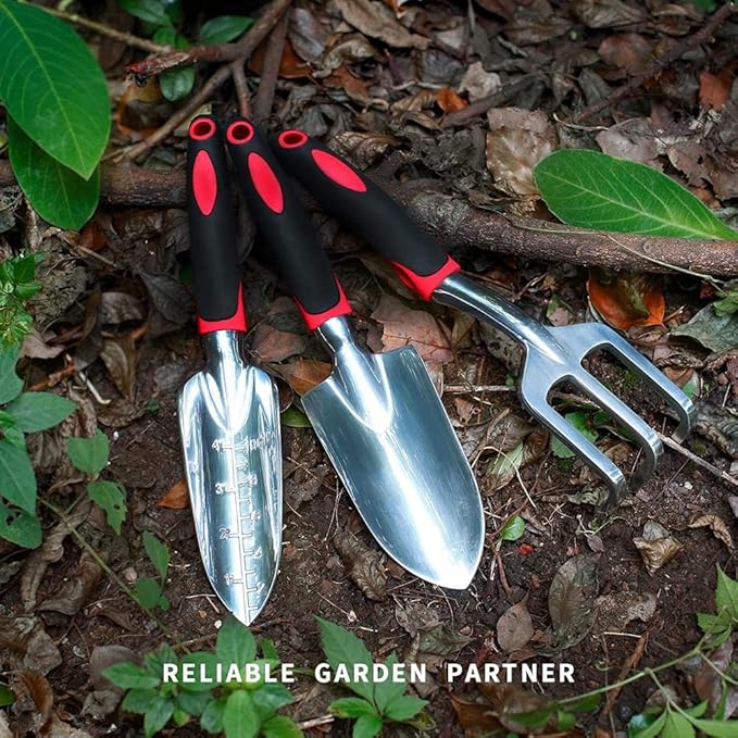 Y&Y Decor Garden Tool Set, 3 Piece Cast-Aluminum Heavy Duty Gardening Kit Includes Hand Trowel, Transplant Trowel and Cultivator Hand Rake with Soft Rubberized Non-Slip Ergonomic Handle, Garden Gifts