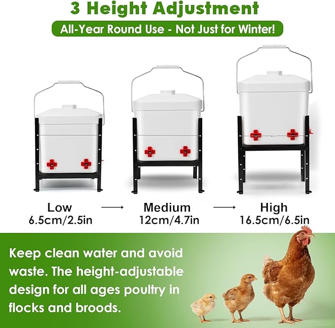 Chicken Water Heater 3.8 Gallon with 4 Nipples and Adjustable Height, 2-in-1 Freeze-Proof Heated Chickens Waterer Anti-Tipping for Turkey Ducks Geese Poultry in Winter Coops
