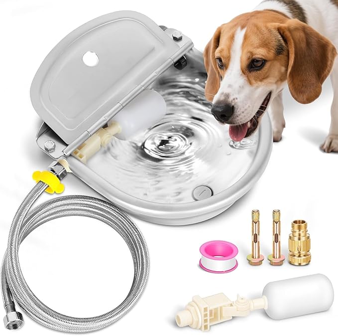 Automatic Animal Drinking Water Bowl with Float Valve, Extended Pipe & Drain Hole, Stainless Steel Waterer Feeder Farm Dog Dispenser Kit Self Filling for Livestock Horse Goat