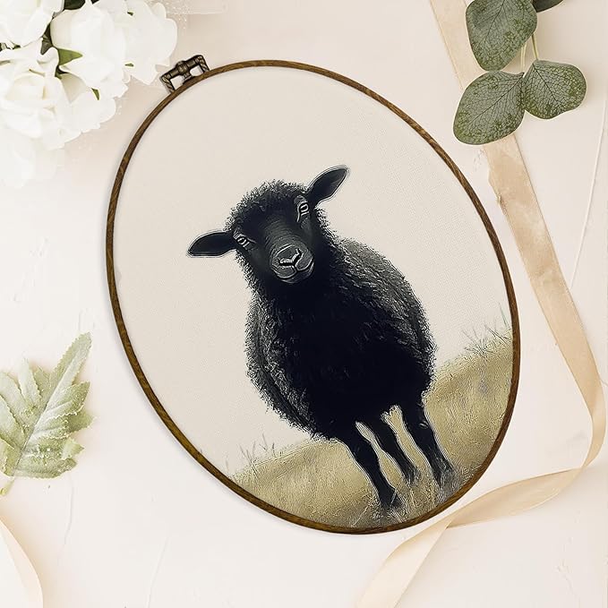 dvhdajed Vintage Black Sheep Oval Wall Art Decor, Easter Farmhouse Sheep Framed Canvas Art,Gifts for Sheeps Lovers Women, Cottagecore Sheeps Oval Wall Hanging Decor for Nursery Bedroom, 8.7x11.3