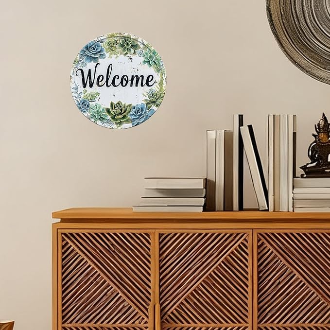 Round Welcome Wreath Aluminum Tin Sign Vintage Style Hanging Door Decor for Front Door Porch Entryway Outdoor Wall Art Decor 12x12inch