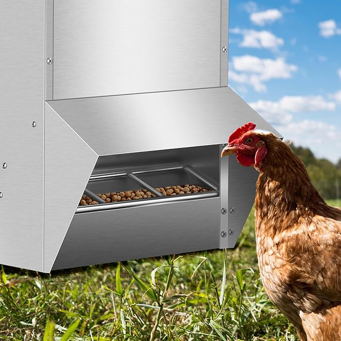 Galvanized Chicken Feeder, 30lbs Capacity Weatherproof Steel Poultry Feeders No Waste, Rat Proof Hanging Chicken Feeder with Lid, Outdoor Coop Food Dispenser for Chicken and Rabbits