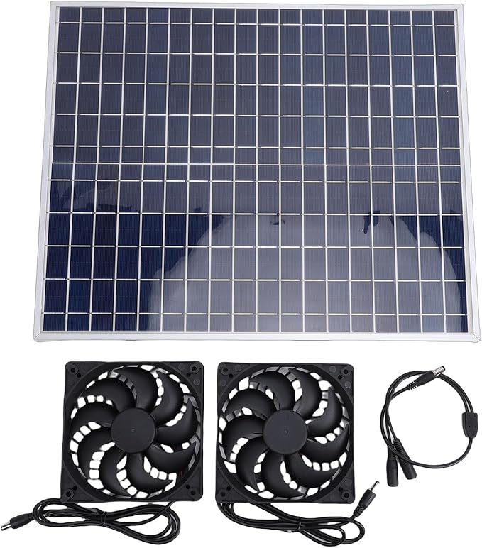 Tnfeeon Solar Greenhouse Exhaust Fan Kit, Ventilation Equipment with Two Vent Fans for Chicken Coop Cooling Dog House Shed RV Window Ventilation Powered Attic Doghouse Cabin Air