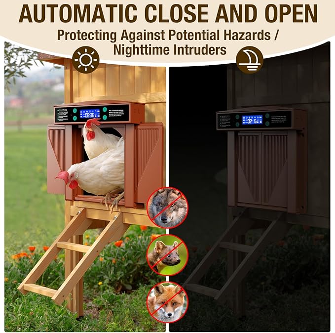 Automatic Chicken Door Easy Program 3 Modes - Manual, Timer and Light Sensor Anti-Pinch Auto Opening and Closing Chicken Coop Door Powered by Battery/DC(Brown)
