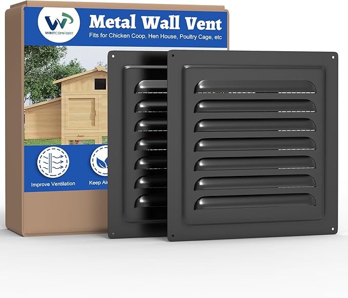 Chicken Coop Metal Wall Vent, 2 Pack 10" x 10" Metal Shed Vent with Built-in Screen for Anti-Debris, Louver Vent Grille for Chicken Coop, Hen House, Poultry Cage, Rabbit Hutch, Black