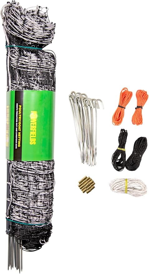 Powerfields P-89-W Electric 40" Poultry / Goat Fence-Netting, 40-Inches Tall x 165-Feet Long Netting, 15 Line Post, 19 Stakes, 2 Tie Down Cords, Repair Kit, Black/White Netting