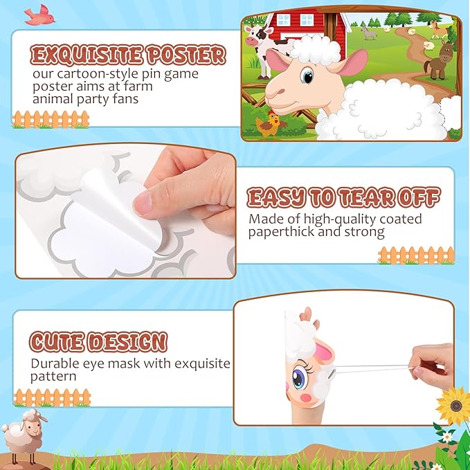 Faccito Farm Animal Games Pin The Tail on The Animals Barnyard Birthday Party Decorations Farm Poster Games with 24 Stickers 2 Eye Masks for Family Activities Birthday Party Decor Supplies (Sheep)