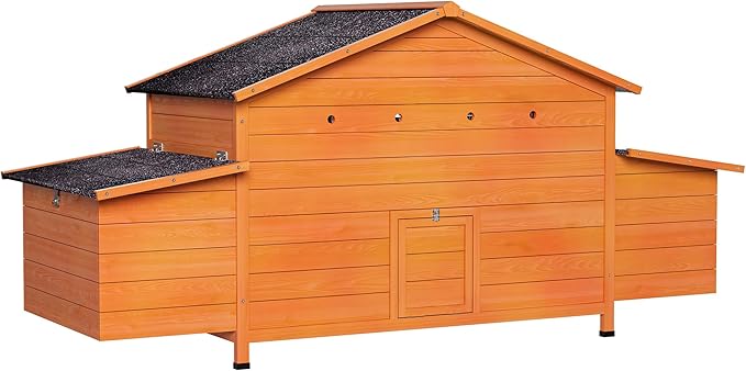 Wooden Chicken Coop for 2-4 Chickens with Nesting Box, 69.9" Large Chicken House Poultry Pet Hutch with Waterproof Roof, Outdoor Chicken Tractor with Secure Lock and Pull-Out Tray, Natural