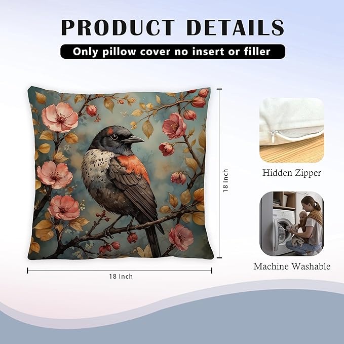 Vintage Floral Spring Bird Pillow Covers 18x18, Bird Decor for Home, Vintage Nature Cottagecore Floral Botanical Birds Throw Pillow Covers for Home Living Room Bedroom