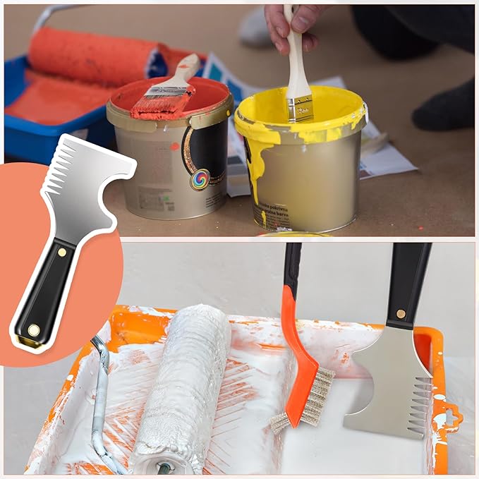 5 Pieces Multi-function Paint Roller Cleaner Tool 2 Pcs Paint Scrapers Brush Comb 3 Pcs Stainless Steel Brass Plastic Bristle Brushes for Cleaning Rust Corrosion Dirt