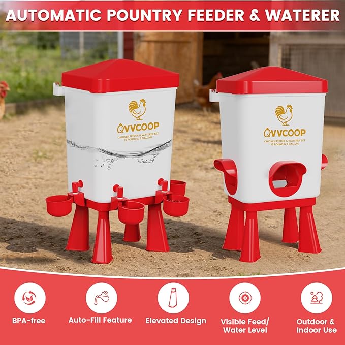 Automatic Chicken Feeder and Waterer Set, Poultry Feeding Equipment for Duck Turkey, Chicken Coop Accessories, Standing/Hanging Use, 3 Gallon Set, Red