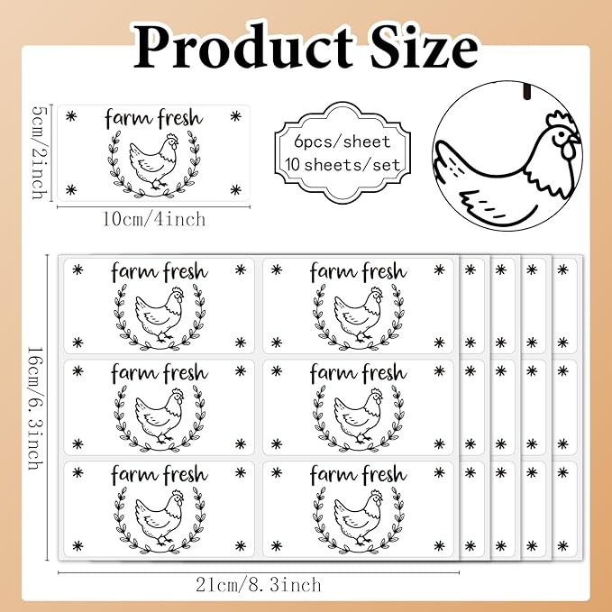 60Pcs 2" x 4" Farm Fresh Egg Carton Sticker Rectangle White Self Adhesive Fresh Egg Labels Cartoon Packaging Stickers Tags for Box Containers Business Farmhouse Market Supplies