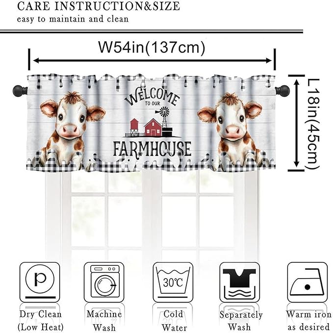 Farmhouse Animal Valance Curtains Watercolor Cute Cow Wooden Board Black White Buffalo Check Art Print Rod Pocket Curtain Valance for Kitchen Bedroom Living Room Decor 1 Panel W54xL18 Inch