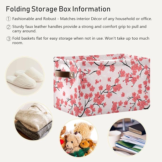 JIPONI Cherry Blossoming Fabric Storage Bins for Shelves, Decorative Storage baskets for organizing, Closet Organizer with Handle for Cloth, Toys, Bedrooms, Farmhouse