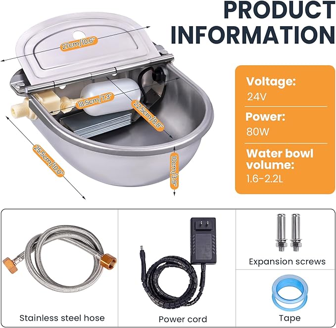 Heated Automatic Water Bowl for Dogs and Chicken, 24V Pet Thermal-Bowl with Float Valve Heated Automatic Waterer for Large Dogs Livestock Poultry