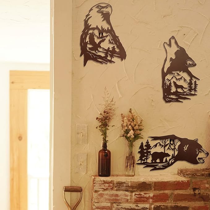 J-Fly Metal Bear Wall Decor Eagle Wall Decor Wildlife Wall Art Rustic Cabin Decor Laser Cut Bear and Wolf Eagle For Living Room Valentine Bathroom etc Indoor & Outdoor Decor 3 Pack