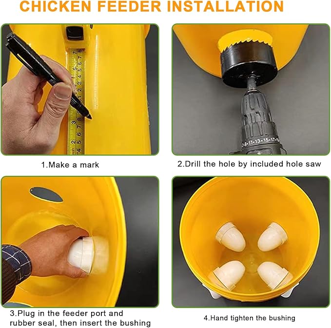 Chicken Feeder Ports Kit, 4 Pack DIY Bucket Poultry Feeder Cups with Hole Saw, No Waste Chicken Feeder for Backyard Coop