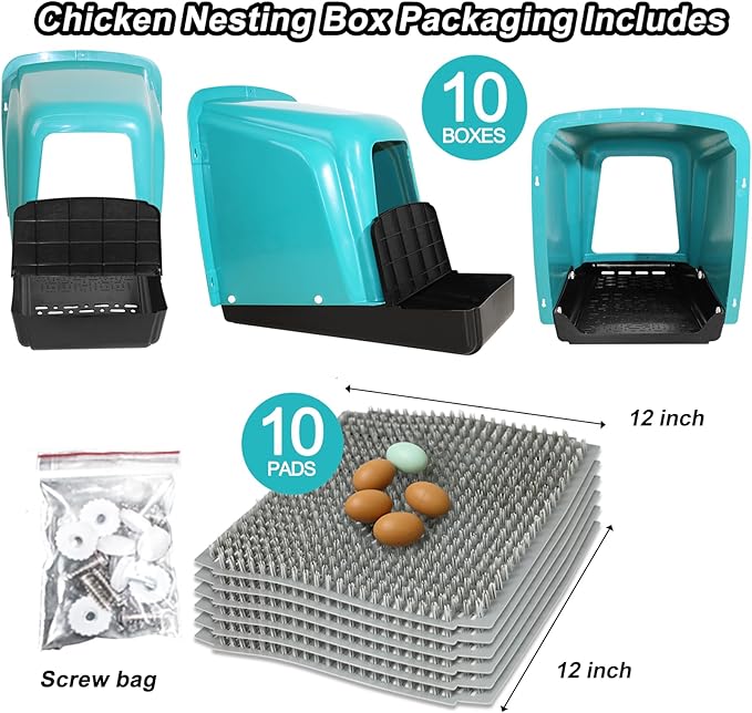 Chicken Nesting Boxes 10 Pack with Egg Roll Out, Plastic Chicken Laying Boxes for Chicken Coop, Wall Mounted Hen Nesting Box for Chickens & Poultry, Durable, Easy to Install & Clean, Green