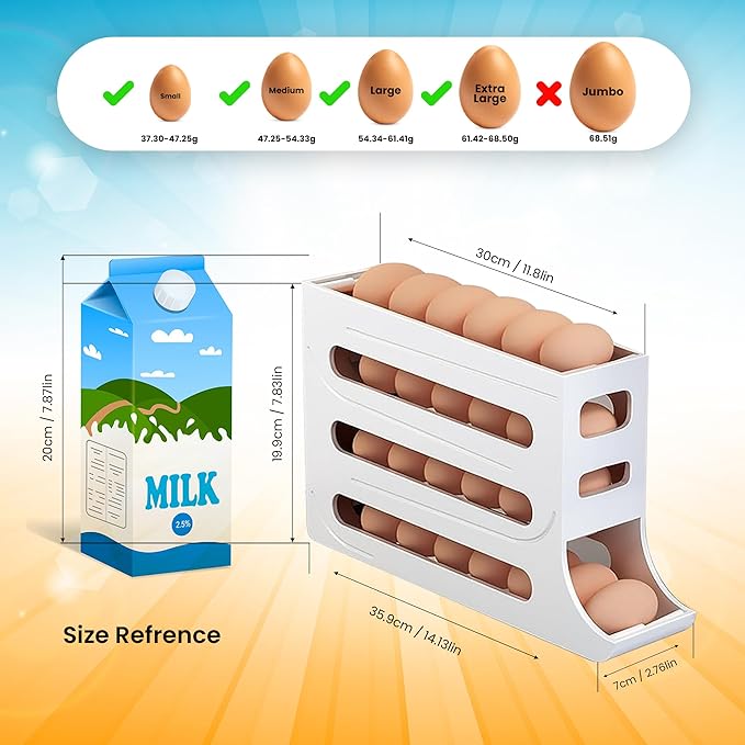 ZAYLAN Egg Holder for Fridge, Auto Rolling Egg Roller/Dispenser/Organizer/Storage Container, Space-Saving 4-Tier Egg Tray for 28 Eggs, Refrigerator, Kitchen & Countertop with Flower Egg Cutter (WHITE)
