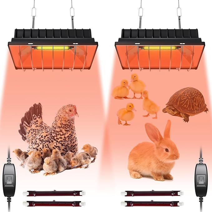 Heat Lamp for Chickens, Coop Heater for Chicks with 2pcs Heating Bulbs (250W&175W), Adjustable Temp.& Hanging Heights, Brooder Heater for Indoor Outdoor Use in Livestock Supplies (2, Black)