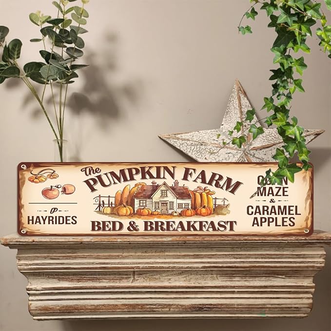 Rustic Pumpkin Farm Bed & Breakfast Metal Sign - Autumn Wall Decorative Sign - Pumpkin, Maple Leaf Design, 16x4 Inch, Vintage Sign for Kitchen, Baking Room, Farmhouse Decor, Thanksgiving Day Decor