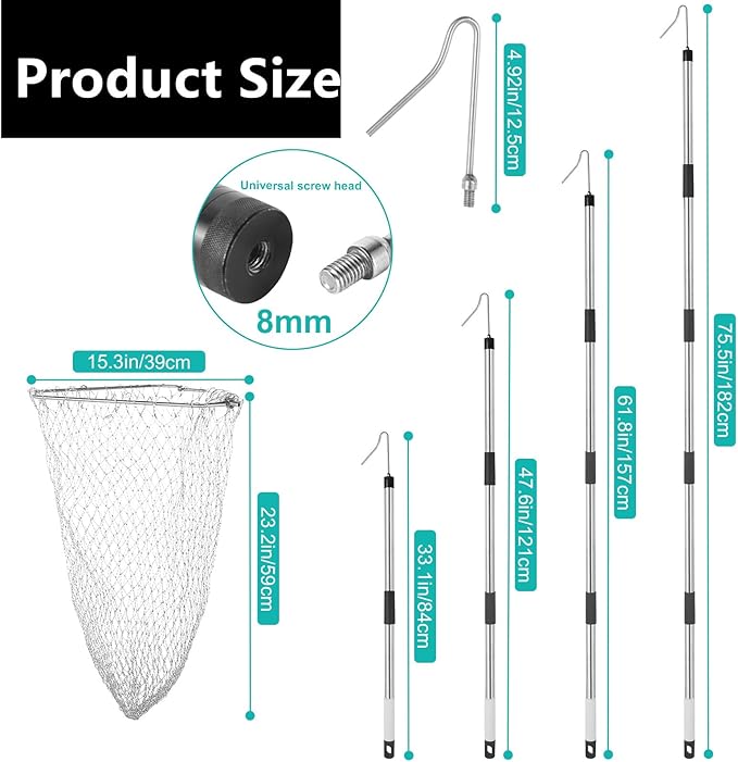 Chicken Net Catcher,74" Adjustable Extension Pole Chicken Hook Catcher Kit，The Animal Net Catcher Is Made Of Stainless Steel,Suitable For Catching Small Duck,Goose,Bird,Fish, Etc. （15.3 x 23.2" Net)