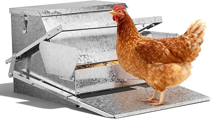 Outvita Automatic Treadle Chicken Feeder, 25 Lbs No Waste No Spill Rodent Proof Metal Chicken Feeder with Weatherproof Lid, Chicken Supplies for Your Chickens Duck Bantams Pheasants Poultry Coop