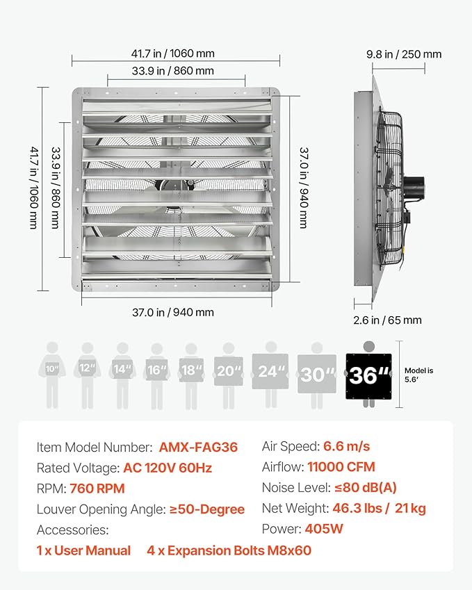 VEVOR 36'' Exhaust Fan, Wall Mounted Attic Fan with Variable Speed, 11000 CFM, Automatic Shutter, Ventilation and Cooling, Silver, Fan Only