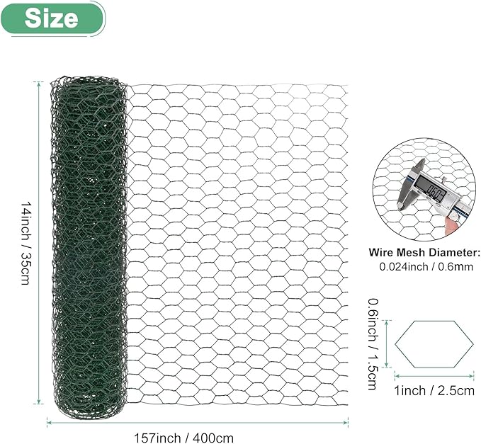 Chicken Wire for Floral Arrangements, 14 x 157 in Galvanized Iron Hexagonal PVC Coated for Crafts/Poultry/Garden, Chicken Wire Netting Fence Mesh [Green]