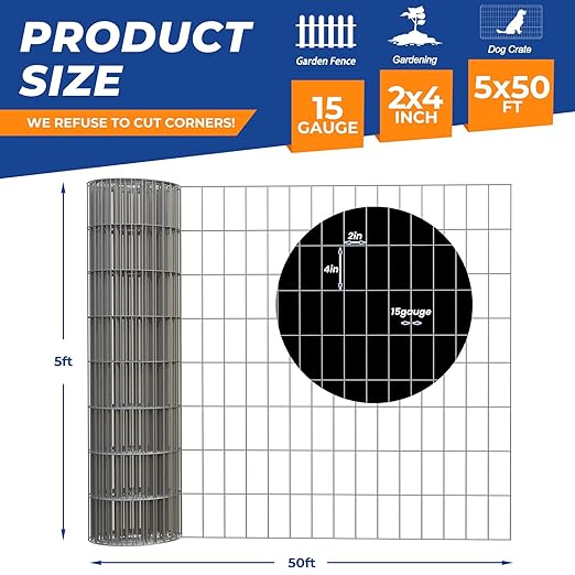 15GA 5'*50' Welded Wire Mesh, Metal Fencing Wire Mesh 2'' X 4'', for Dog Boundary Fence Roll Outdoor Animal Barrier Fence and Garden Plant Vegetable Protection