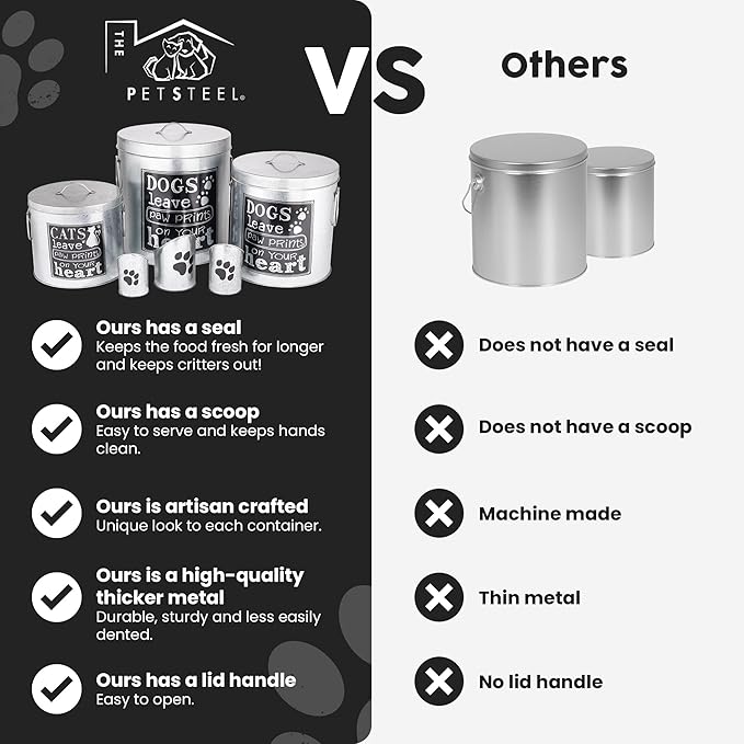 Silver Large Rustic Up to 50lb Pet Food Storage Container. Farmhouse and Rustic Look. Large Canister with Scoop. No More Plastic Containers