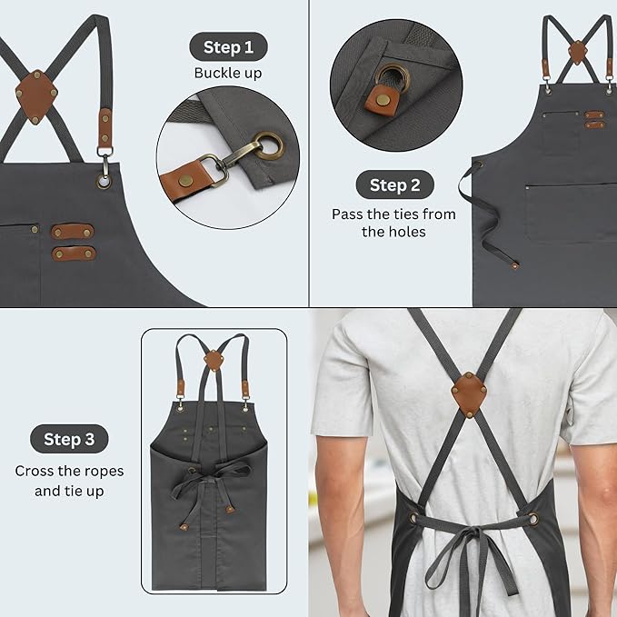 RUVANTI Work Apron for Men, Oil & Water Repellent, Poly Cotton Cross Back Aprons for Women with Pockets, Adjustable up to XXL