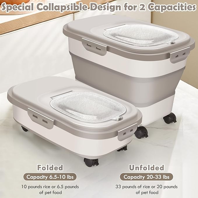 Dog Food Storage Container, 20Lbs Rice Storage Container Dispenser, Airtight Large Pet Cat Food Bin with Wheels, Scoop & Measuring Cup, Collapsible Kitchen Dry Food Holder for Four Sugar Cereal Kibble